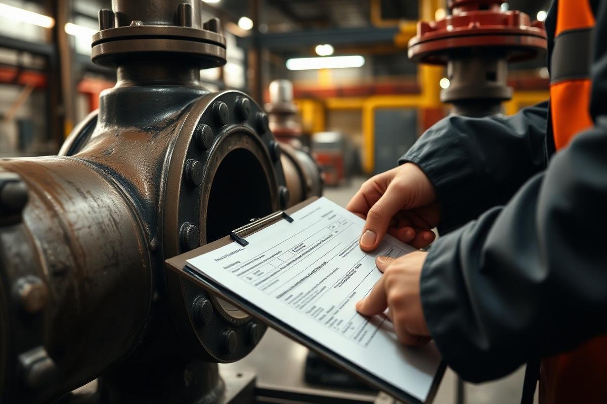 Engineer inspecting a valve with an IBR compliance sheet